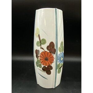 Vintage Floral Blue & Orange Flowers 9.5” Tall Ceramic Vase Japanese Aesthetic ￼